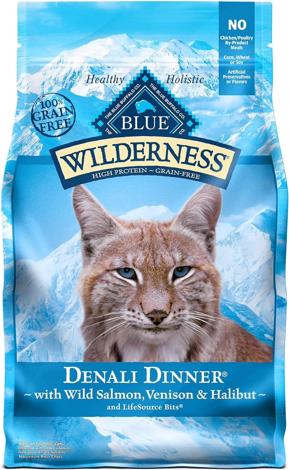 Wilderness High Protein, Natural Adult Dry Cat Food, Denali Dinner with Wild Salmon, Venison & Halibut 4Lb