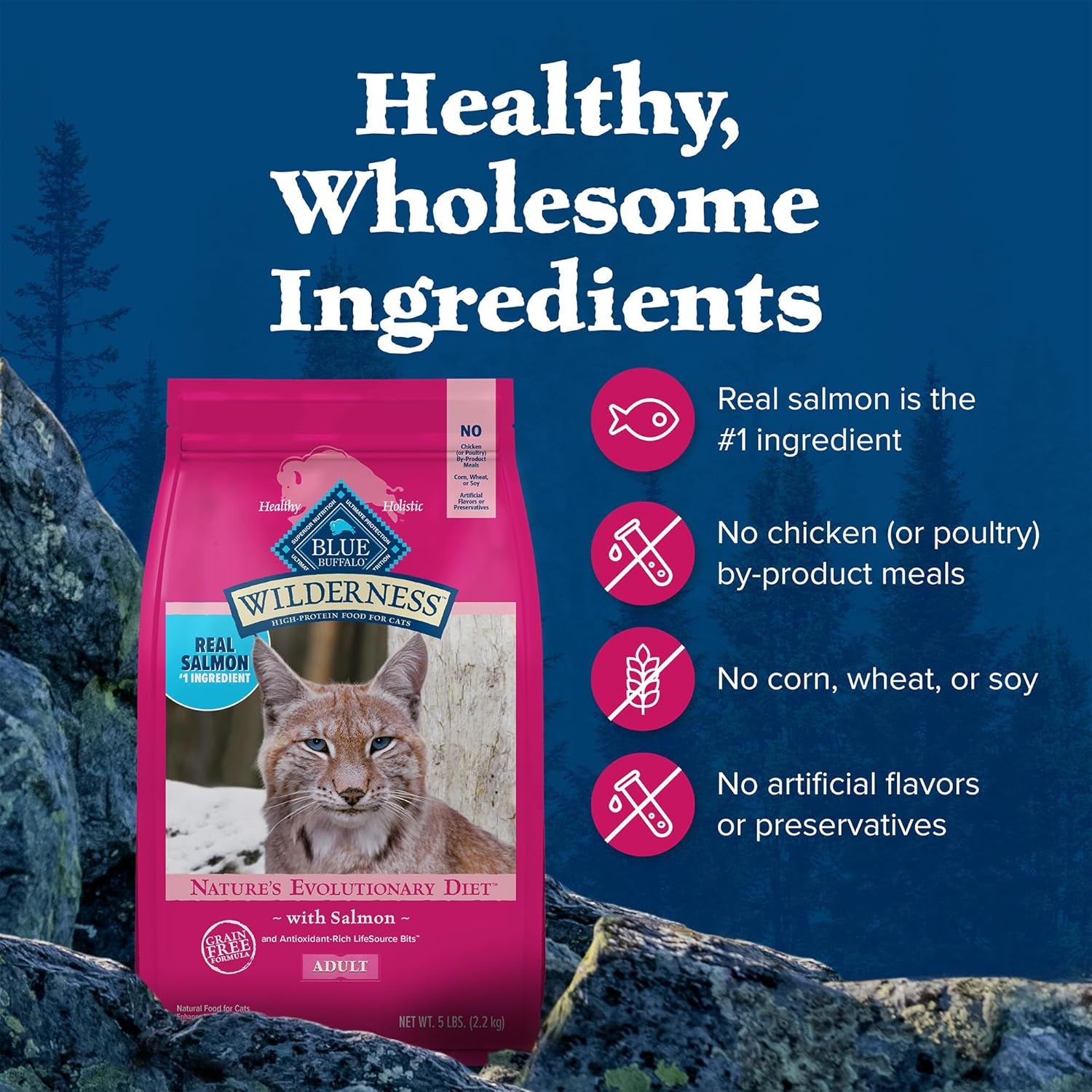 Wilderness Natural Adult Dry Cat Food, High-Protein and Grain-Free Diet, Supports Healthy Muscle Development and a Healthy Immune System, Salmon, 5-Lb Bag