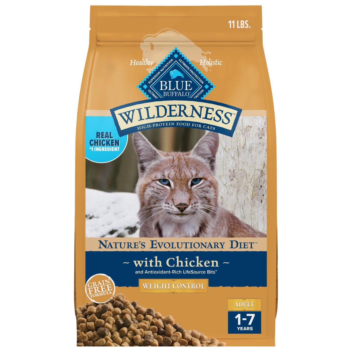 Blue Buffalo Wilderness High-Protein, Grain-Free Natural Dry Food for Adult Cats, Weight Control, Chicken, 11-lb. Bag