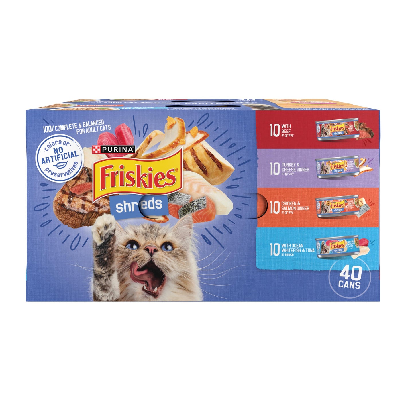 Purina Friskies Wet Cat Food Variety Pack, Shreds With Beef, Turkey and Cheese Dinner, Chicken and Salmon Dinner, and With Ocean Whitefish and Tuna - (Pack of 40) 5.5 oz. Cans