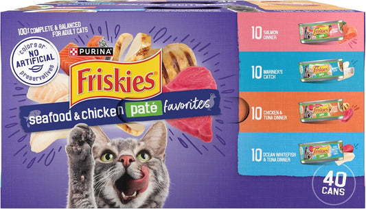 Purina Friskies Pate Wet Cat Food Variety Pack Seafood and Chicken Pate Favorites 40ct VP - (Pack of 40) 5.5 oz. Cans