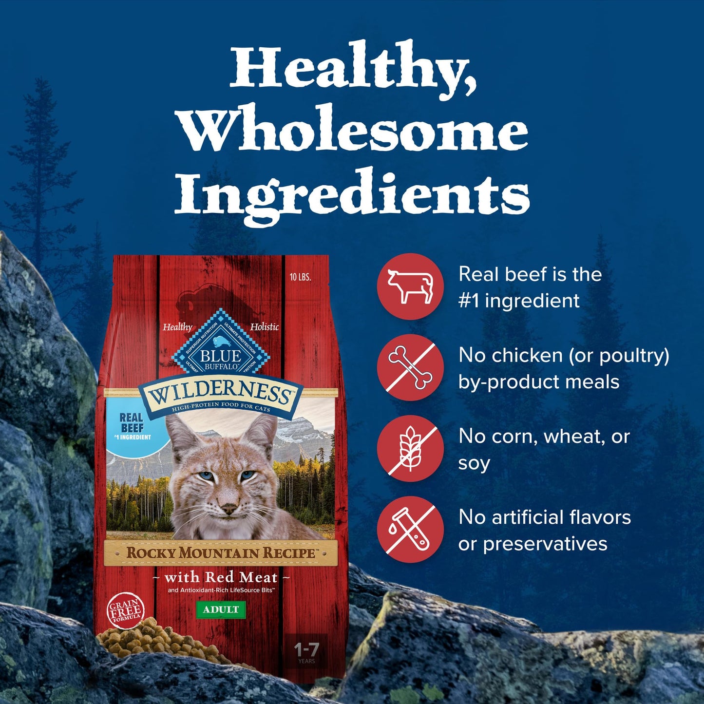 Blue Buffalo Wilderness Adult Dry Cat Food, Rocky Mountain Recipe, Chicken-Free & Grain-Free Recipe Made with Natural Ingredients, Red Meat, 10-lb. Bag