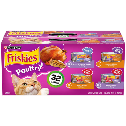 Purina Friskies Gravy Wet Cat Food Variety Pack, Poultry Shreds, Meaty Bits and Prime Filets - (Pack of 32) 5.5 oz. Cans