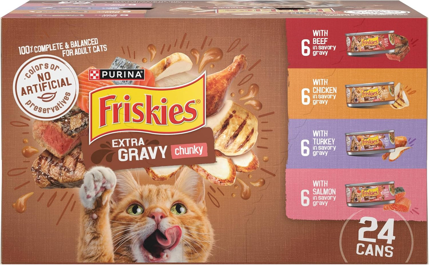 Purina Friskies Extra Gravy Wet Cat Food Chunky 24ct Variety Pack (With Chicken, Turkey, Salmon, Beef) - (Pack of 24) 5.5 oz. Cans