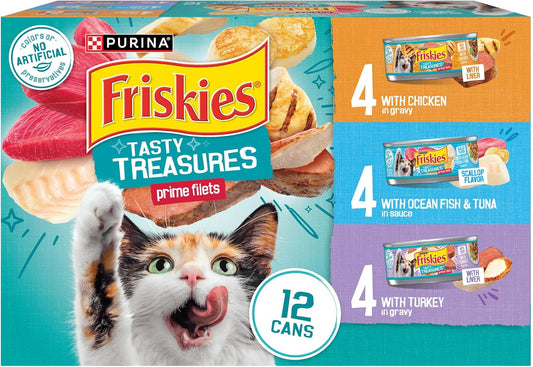 Purina Friskies Wet Cat Food Variety Pack, Tasty Treasures Prime Filets (With Ocean Fish and Tuna, With Chicken and With Turkey) - (Pack of 12) 5.5 oz. Cans