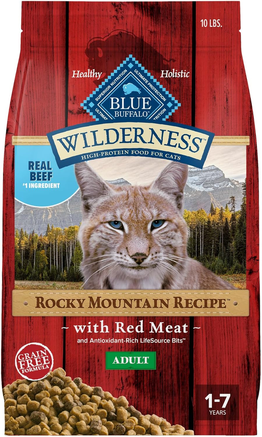 Wilderness Adult Dry Cat Food, Rocky Mountain Recipe, Chicken-Free & Grain-Free Recipe Made with Natural Ingredients, Red Meat, 10-Lb. Bag